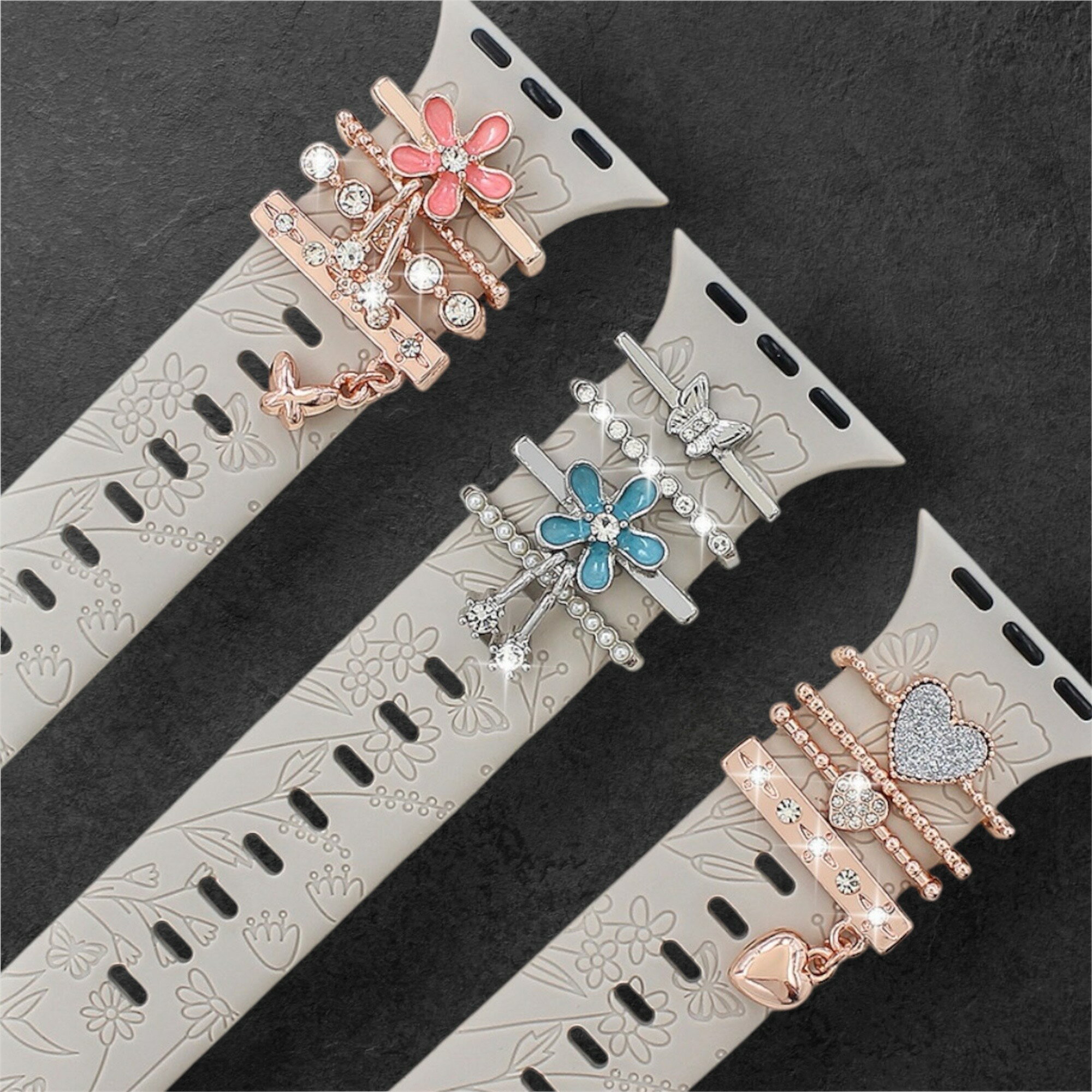 スマートウォッチアクセサリー 花 ハート アップルウォッチ アクセサリー バンドチャーム デコレーション パーツ 花 ハート 蝶 ラインストーン かわいい