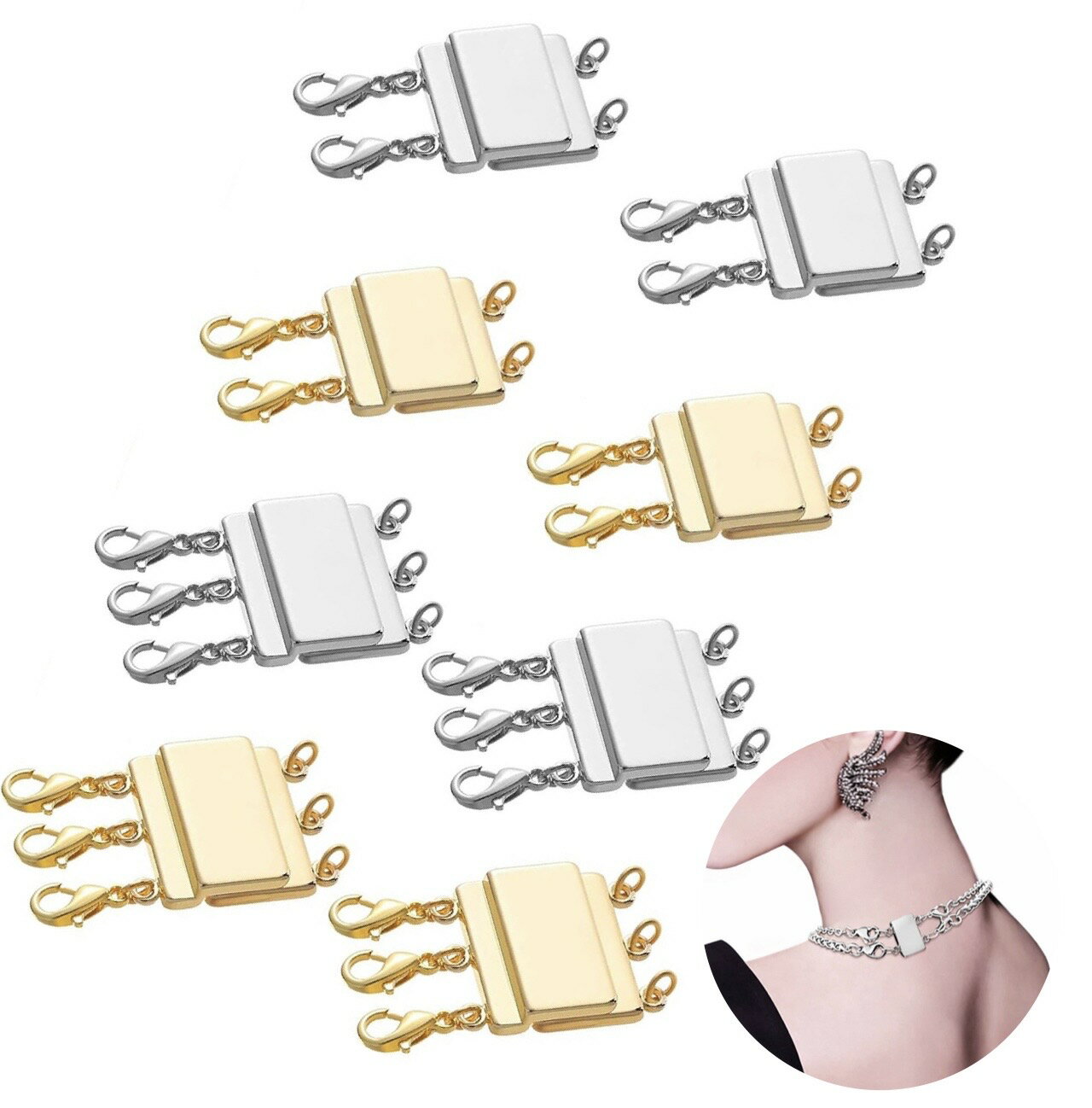 マグネット留め具 3連 2連 磁石 クラスプ ネックレス ブレスレット 延長 金具 アクセサリーパーツ ゴールド シルバー 着脱簡単 DIY