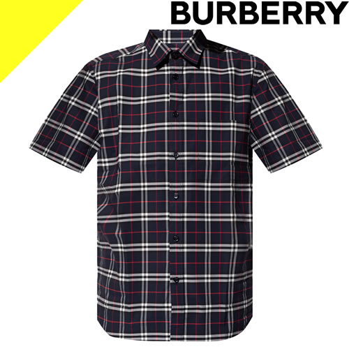 バーバリー シャツ 半袖 メンズ ストレッチコットン チェックシャツ カジュアル 春 ブランド 大きいサイズ 紺 ネイビー BURBERRY Short-sleeve Small Scale Check Stretch Cotton Shirt 8020964 [ネコポス発送]