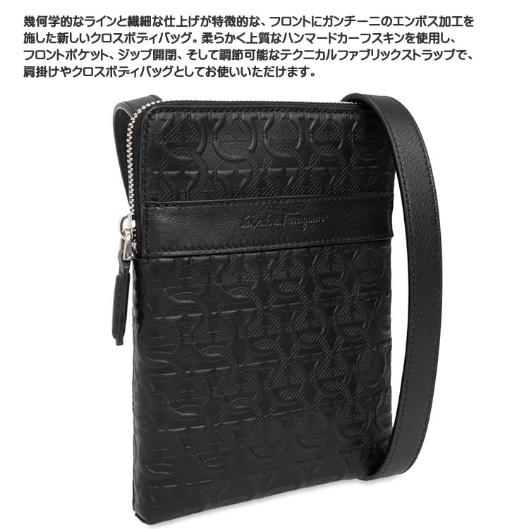 フェラガモ バッグ ショルダーバッグ ガンチーニ メンズ 本革 革 レザー 斜めがけ かっこいい 小さめ ブランド 黒 ブラック FERRAGAMO EMBOSSED GANCINI MESSENGER BAG 240311 745006