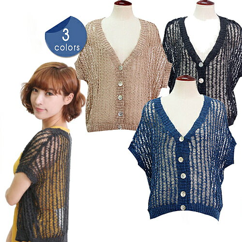 ボレロ 羽織り サマーニット カーディガン レディース 薄手 夏 春夏 ドルマンスリーブ Vネック おしゃれ 半袖 ゆったり かぎ編み 透かし編み 冷房対策 無地 黒 青 ブラック ブルー ベージュ [ネコポス発送](4)