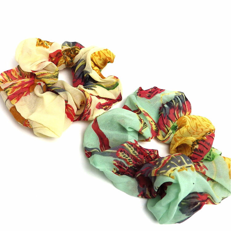 追跡可能メール便OK♪シュシュ【エスニック柄オーガンジーシュシュ】ヘアアクセサリー　大人　ボタニカル　プチプラ　クリーム　ミント　おしゃれ　上品　カジュアル　簡単アクセント　まとめ髪