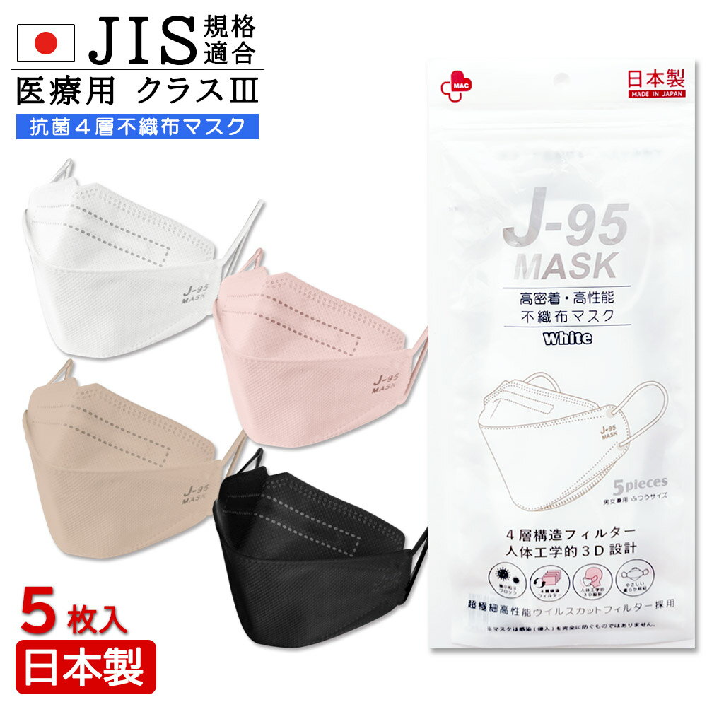 【J-95】【メーカー直営店】【JIS規格適合 医療用クラス3】4層構造 日本製 不織布マスク 5枚入 快適立体マスク 口紅…