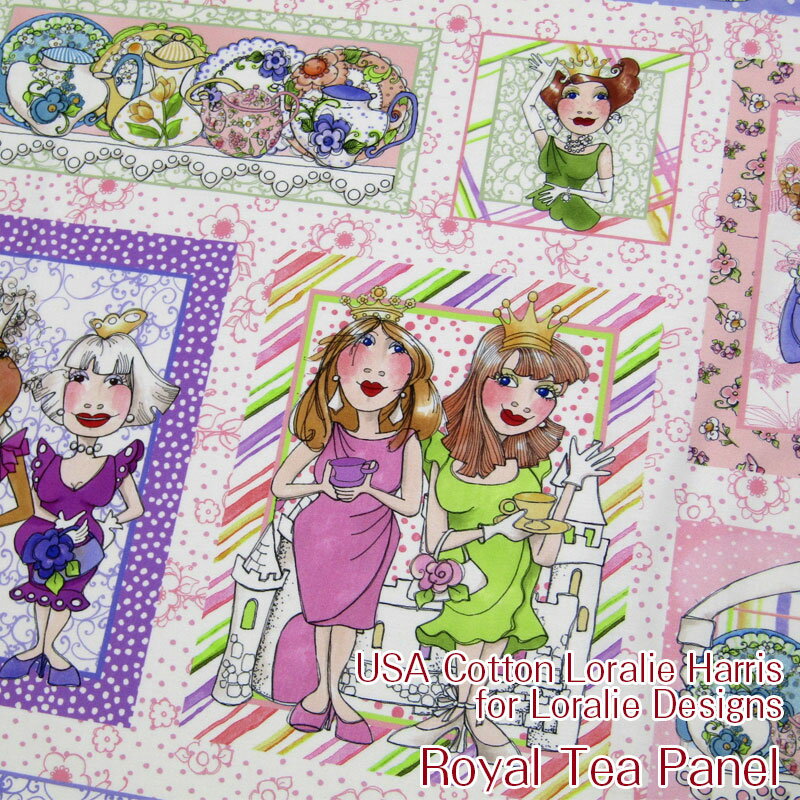 USAコットン Loralie Harris for Loralie DesignsRoyal Tea Panel ロイヤルティーパネル柄(単位：1パネル)ローラライハリス/ロラライハリス/ロラリー/アメリカンファブリック/USAコットン/生地/綿/コットン/ティーカップ/レディ