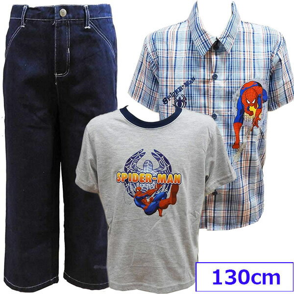 送料無料 アメコミ SPIDERMAN スパイダーマン 子供 キッズ 半袖 シャツ Tシャツ ジーンズ 上下 セットアップ サイズ7 130cm