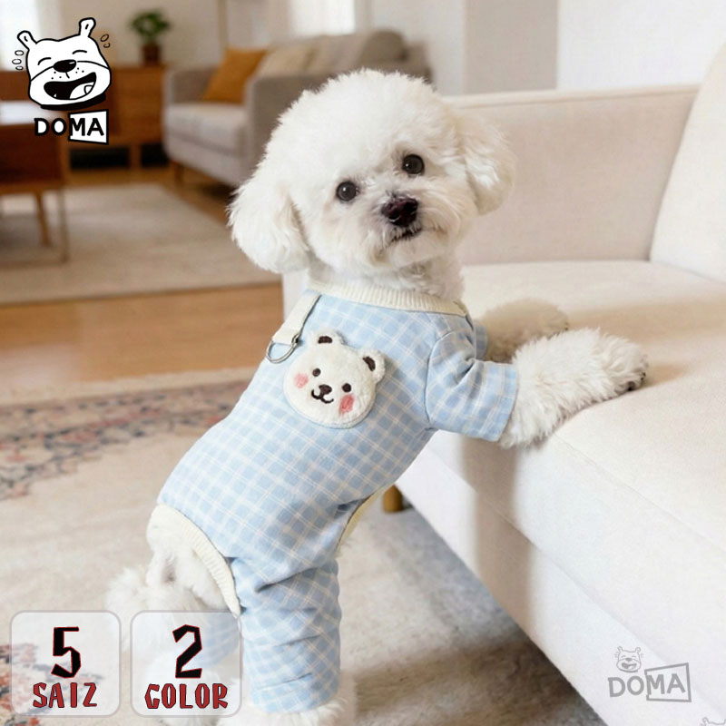 犬服 ロンパース チェック柄 クマさん刺繍 Dカン付き つなぎ 抜け毛防止 ドッグウェア 小型犬 中型犬 春夏 おしゃれ