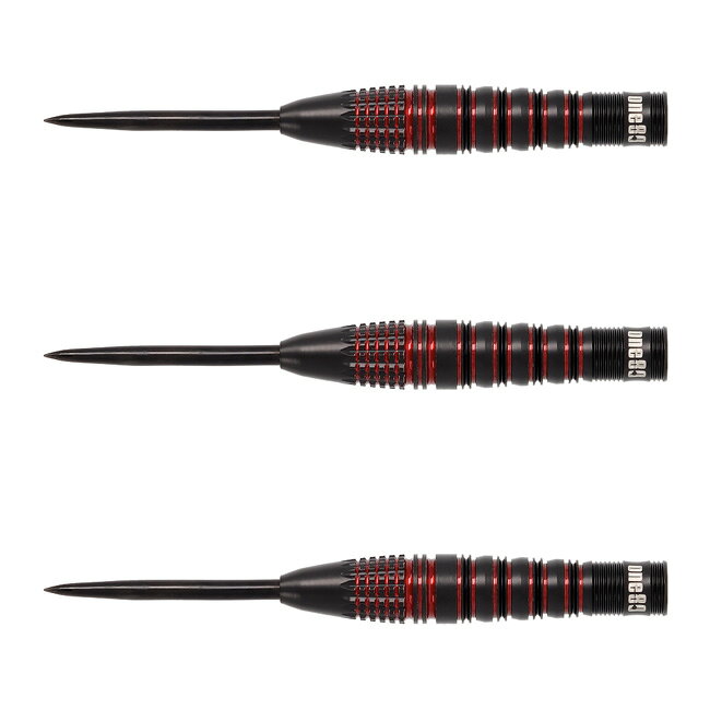 One80 Vaelkris V4 STEEL 22g　※ご覧頂いているディスプレイの設定等により、実物と色合いが異なる場合がございます。※この画像はDarts HiVeが作成しており、文章・写真などの複製、無断転載を禁じます。※内容物・商品仕様は予告なく変更となる場合がございます。 ■商品仕様 スペックデータ &nbsp; 材質 単体重量 全長 最大径 タイプ ：90%タングステン ：22.0g(ポイント含む) ：43.5mm ：7.8mm ：STEEL 内容物 &nbsp; ・バレル ・シャフト ・フライト ×1set(3個) ×2set(6個) ×1set(3個) ■商品説明 インパクトのあるブラック/レッドのコーティングが目印のOne80新シリーズ「Wraith(レイス)」。 W4はグリップエリアにウイングカット＋Vカットのコンビネーションを配置したトルピードタイプです。 ■ご注文前に必ずご確認下さい 【仕様・付属品に関して】 ※商品ページ掲載の商品仕様や、パッケージ・デザイン・付属品等は、予告無しに変更となる場合がございます。 予め、ご理解・ご了承の上、ご注文下さい。