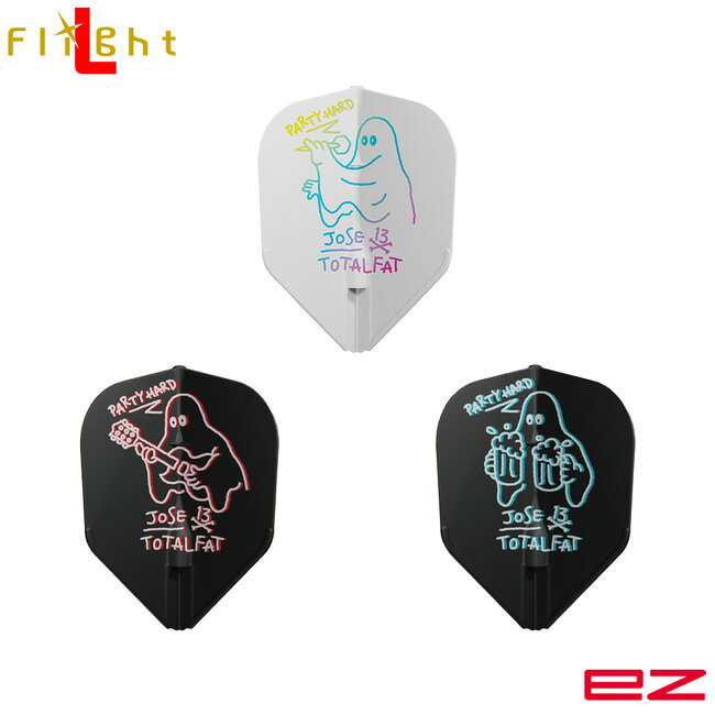 ※ご覧頂いているディスプレイの設定等により、実物と色合いが異なる場合がございます。※この画像はDarts HiVeが作成しており、文章・写真などの複製、無断転載を禁じます。※内容物・商品仕様は予告なく変更となる場合がございます。 ■商品仕様 スペックデータ &nbsp; 形状 内容量 ：スモール(シェイプ) ：3個 ■商品説明 2025.9.25 発売商品 好きと好きを繋げたい！ ダーツが大好きなTOTALFAT Joseさんとのコラボレーションエルフライトに、Ver.2「OBAKEフライト」が登場！ 「僕が好きな音楽、ダーツ、仲間達との乾杯がオバケ達さえ楽しいと思ってもらえるものであってほしい。」 そんなJoseさんの掲げるテーマをもとに、アパレルブランド「SABBAT13」がデザインを手がけました。 可愛い、かっこいい、シンプルな理由だけでも手に取ってもらえるフライトです。 「L-Flight EZ」はシャンパンリング一体型なので、小さなリングを紛失する心配もなくゲームに集中できます。 ■ご注文前に必ずご確認下さい 【仕様・付属品に関して】 ※商品ページ掲載の商品仕様や、パッケージ・デザイン・付属品等は、予告無しに変更となる場合がございます。 予め、ご理解・ご了承の上、ご注文下さい。 ホセ,jose