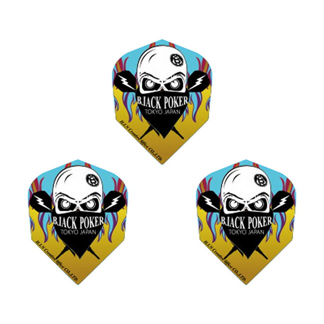 ※ご覧頂いているディスプレイの設定等により、実物と色合いが異なる場合がございます。※この画像はDarts HiVeが作成しており、文章・写真などの複製、無断転載を禁じます。※内容物・商品仕様は予告なく変更となる場合がございます。 ■商品仕様 スペックデータ &nbsp; 形状 内容量 ：シェイプ ：3個 ■商品説明 2025.7.15 発売商品 「BLACK POKER」のドクロと炎が描かれた迫力あるデザイン。 マイダーツを彩る、見た目にも楽しめるフライトに仕上がっています。 ■ご注文前に必ずご確認下さい 【仕様・付属品に関して】 ※画像はイメージです。当フライトにはクリア部分があるため、商品画像と色味が異なる部分がございます。 ※商品ページ掲載の商品仕様や、パッケージ・デザイン・付属品等は、予告無しに変更となる場合がございます。 予め、ご理解・ご了承の上、ご注文下さい。