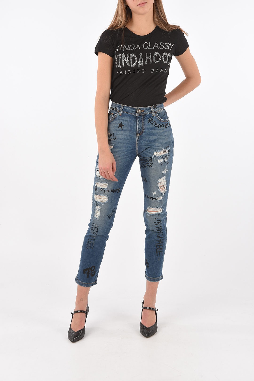 大人気2022 PHILIPP P389504 レディース PRINTED MEREN BOYFRIEND DENIMS dk:BRANDSHOP・クラージュ店 PLEIN フィリッププレイン Light blue デニム 人気2022