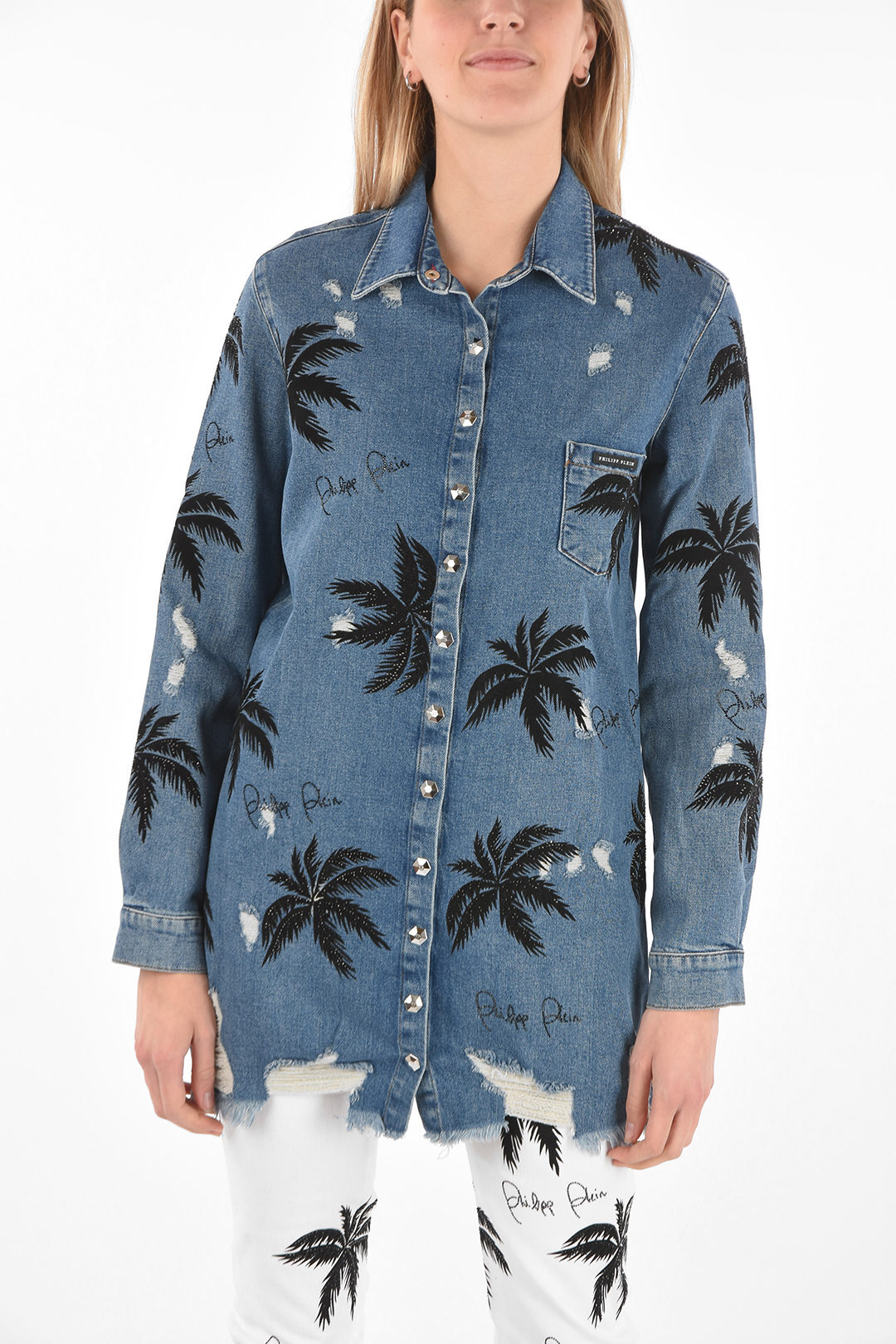 PHILIPP PLEIN フィリッププレイン Blue シャツ S19C WDP0019 PDE004N 07IL レディース COUTURE EST.1978 PALM TREE PRINTED DENIM ALOHA MAXI SHIRT 【関税・送料無料】【ラッピング無料】 dk