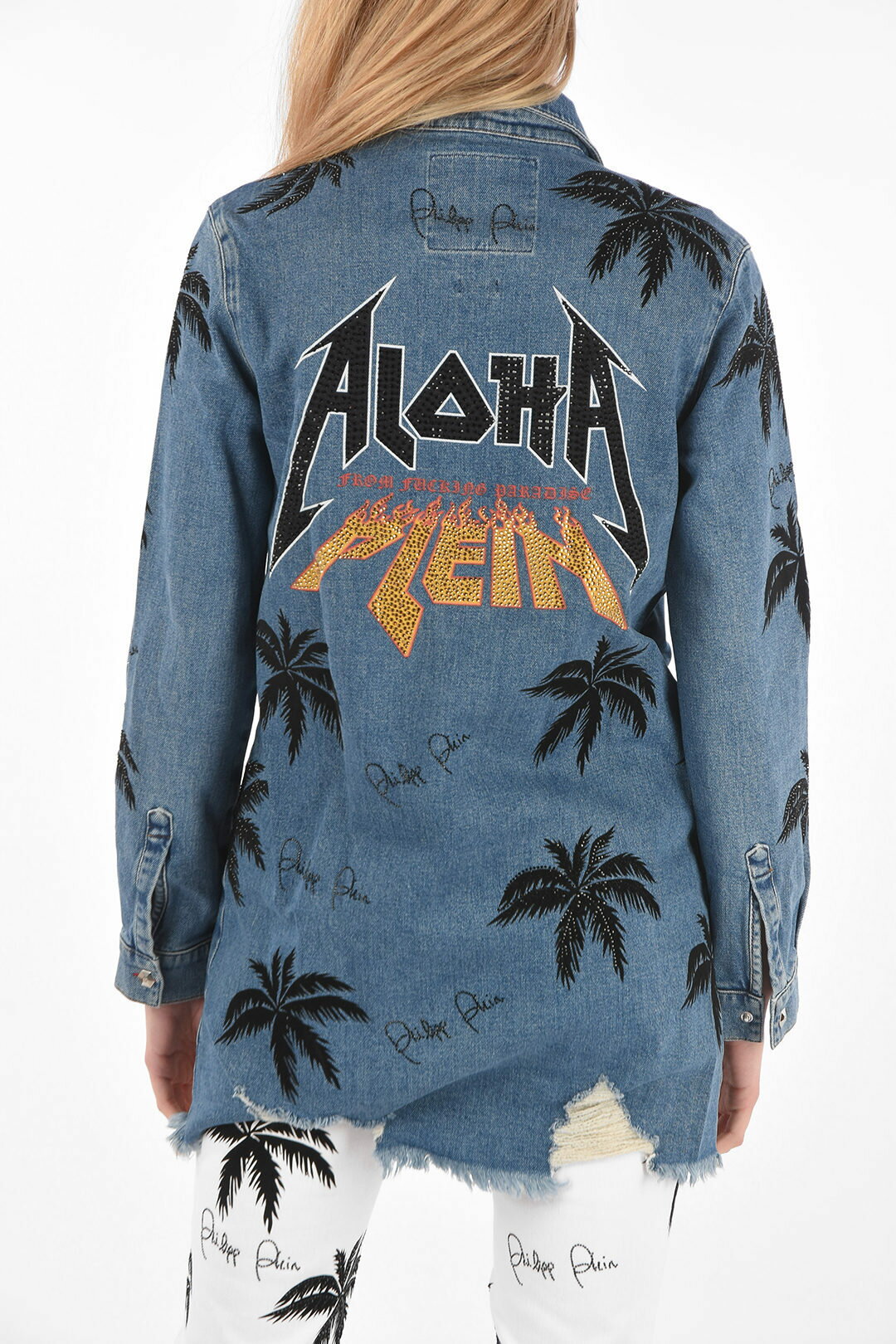 PHILIPP PLEIN フィリッププレイン Blue シャツ S19C WDP0019 PDE004N 07IL レディース COUTURE EST.1978 PALM TREE PRINTED DENIM ALOHA MAXI SHIRT 【関税・送料無料】【ラッピング無料】 dk