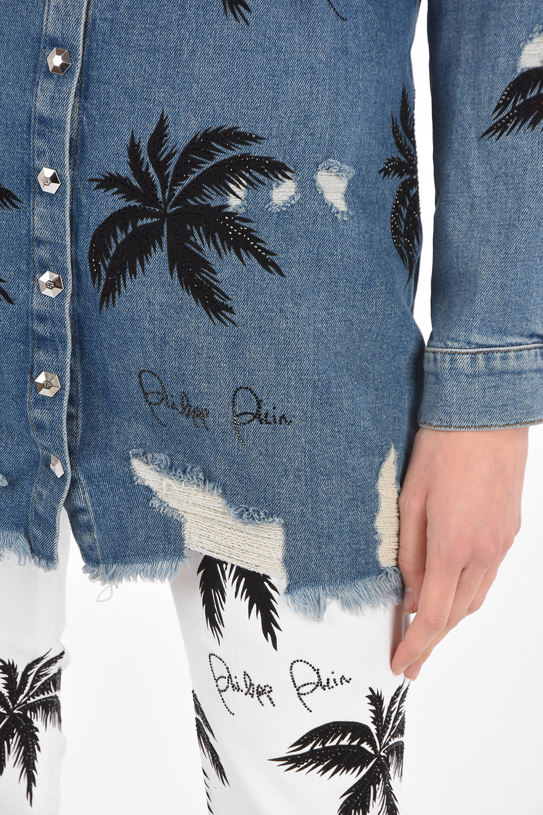 PHILIPP PLEIN フィリッププレイン Blue シャツ S19C WDP0019 PDE004N 07IL レディース COUTURE EST.1978 PALM TREE PRINTED DENIM ALOHA MAXI SHIRT 【関税・送料無料】【ラッピング無料】 dk