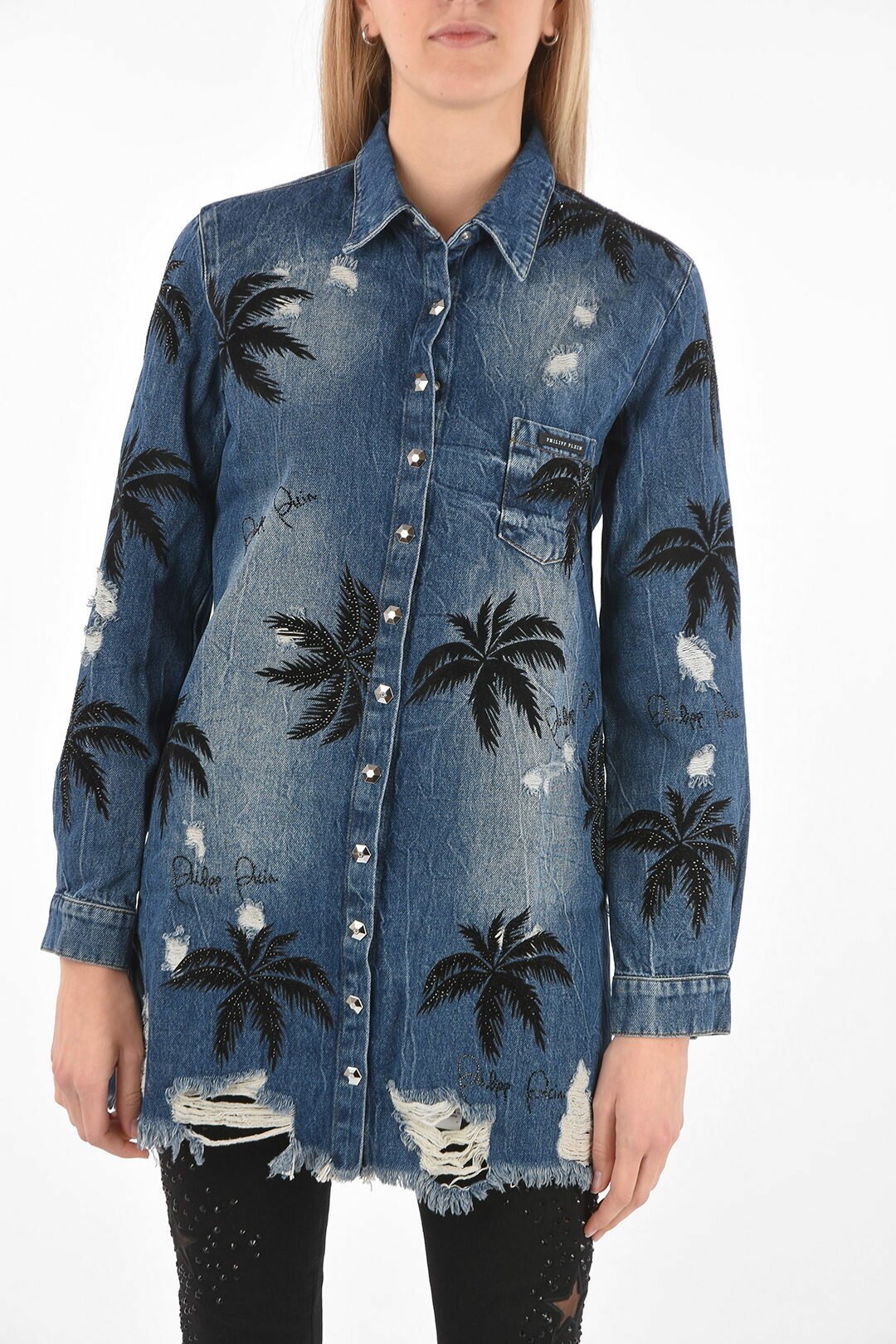 PHILIPP PLEIN フィリッププレイン Blue シャツ S19C WDP0019 PDE004N 07KO レディース COUTURE EST.1978 PALM TREE PRINTED DENIM ALOHA MAXI SHIRT 【関税・送料無料】【ラッピング無料】 dk