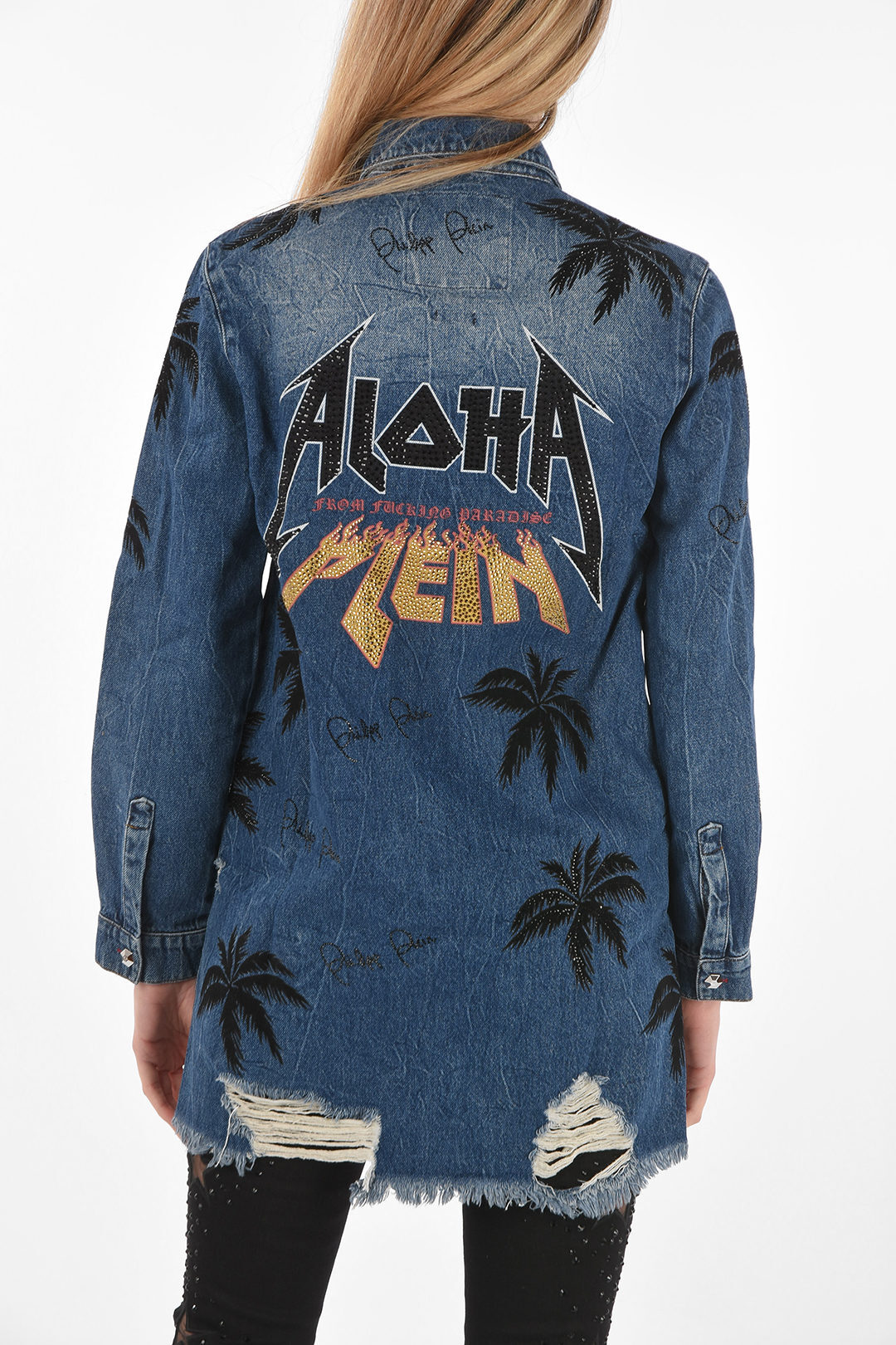 PHILIPP PLEIN フィリッププレイン Blue シャツ S19C WDP0019 PDE004N 07KO レディース COUTURE EST.1978 PALM TREE PRINTED DENIM ALOHA MAXI SHIRT 【関税・送料無料】【ラッピング無料】 dk