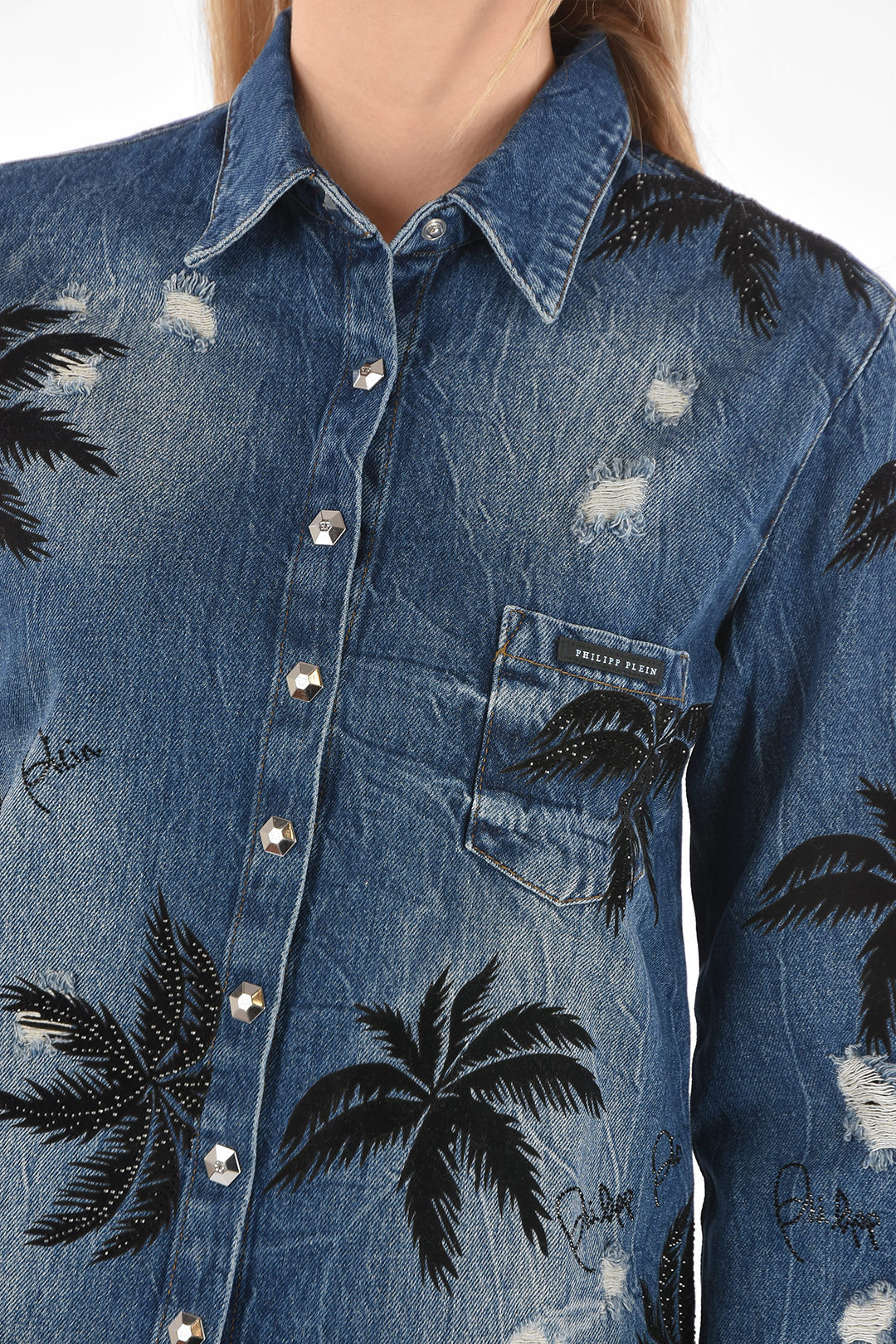 PHILIPP PLEIN フィリッププレイン Blue シャツ S19C WDP0019 PDE004N 07KO レディース COUTURE EST.1978 PALM TREE PRINTED DENIM ALOHA MAXI SHIRT 【関税・送料無料】【ラッピング無料】 dk