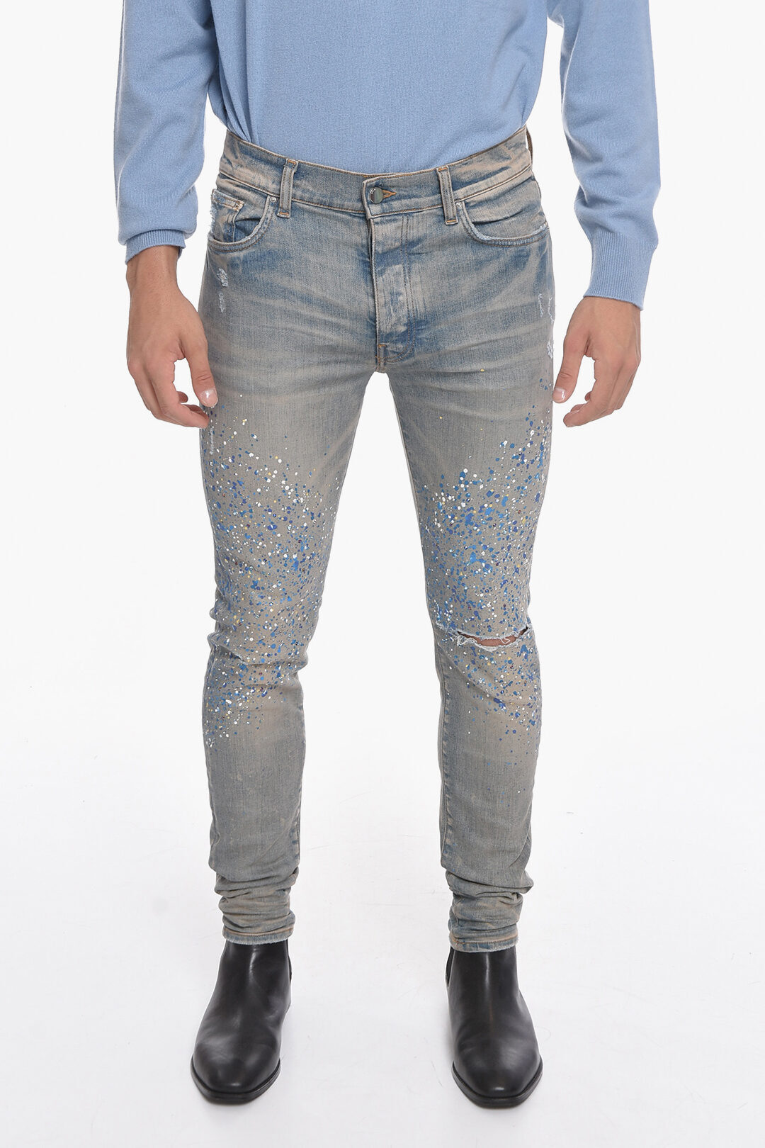 AMIRI アミリ デニム MDS114 408 メンズ PAINT-PRINTED VINTAGE-EFFECT DENIMS WITH RHINESTONES 14CM ..