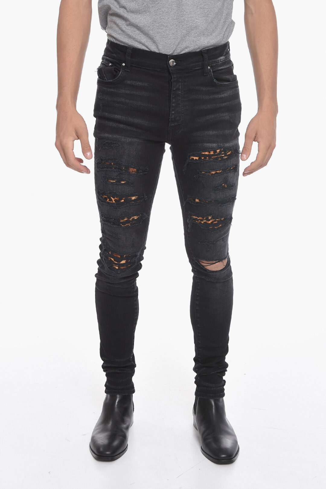 AMIRI アミリ デニム MDS105 023 メンズ SLIM-FITTING THRASHER DENIMS WITH LEOPARD PONY-SKIN DETAIL..