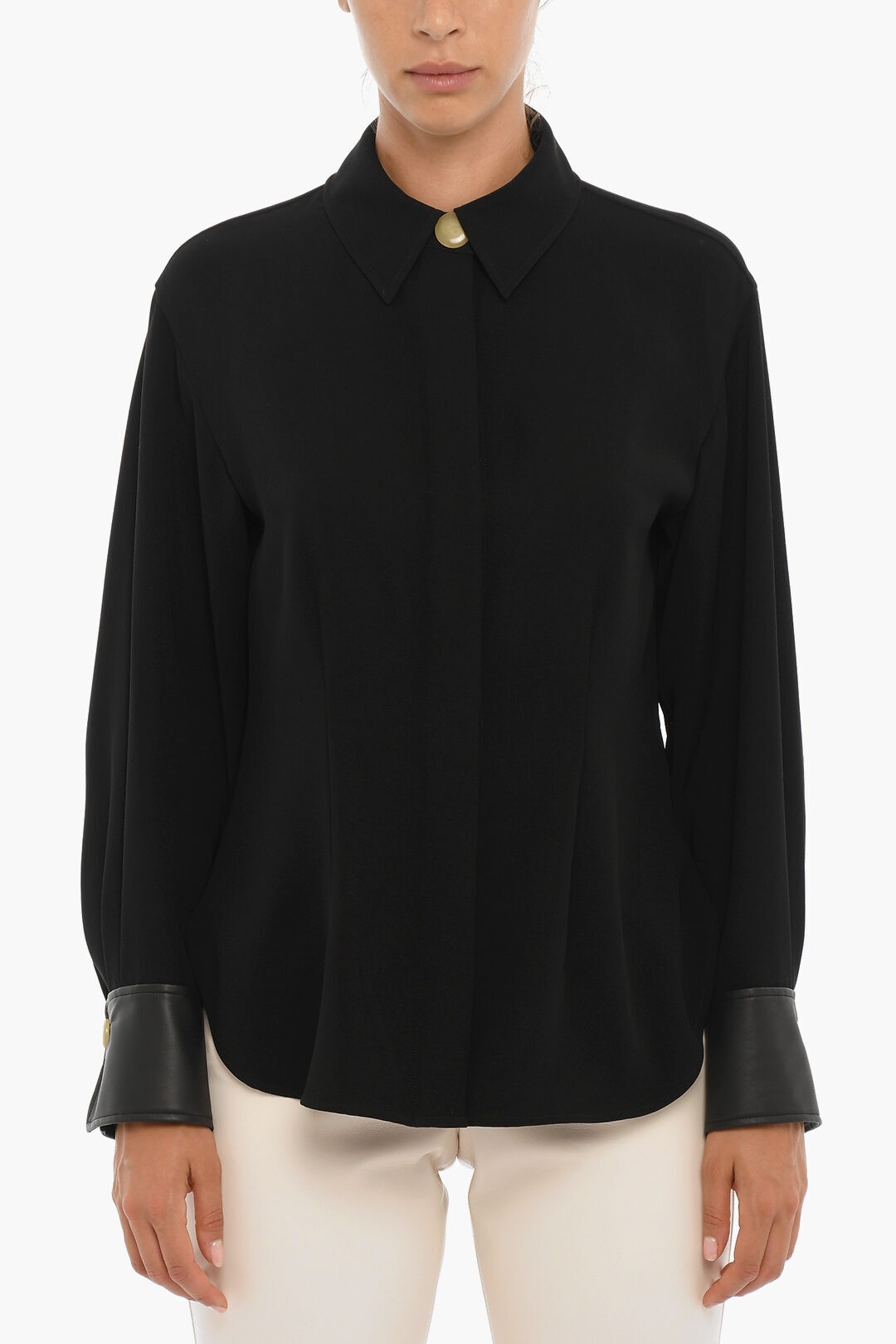 VINCE ヴィンス シャツ VS876312569SI 001BLK レディース LONG SLEEVED SHIRT WITH FAUX LEATHER CUFFS..