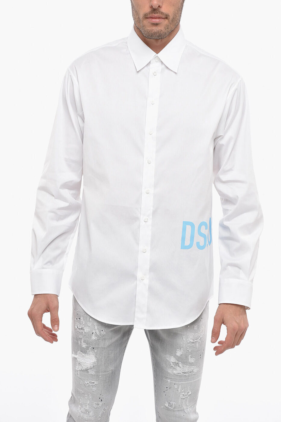 DSQUARED2 ディースクエアード シャツ S71DM0633 S44131 100 メンズ DROPPED SHOULDER COTTON SHIRT WITH PRINTED LOGO  dk