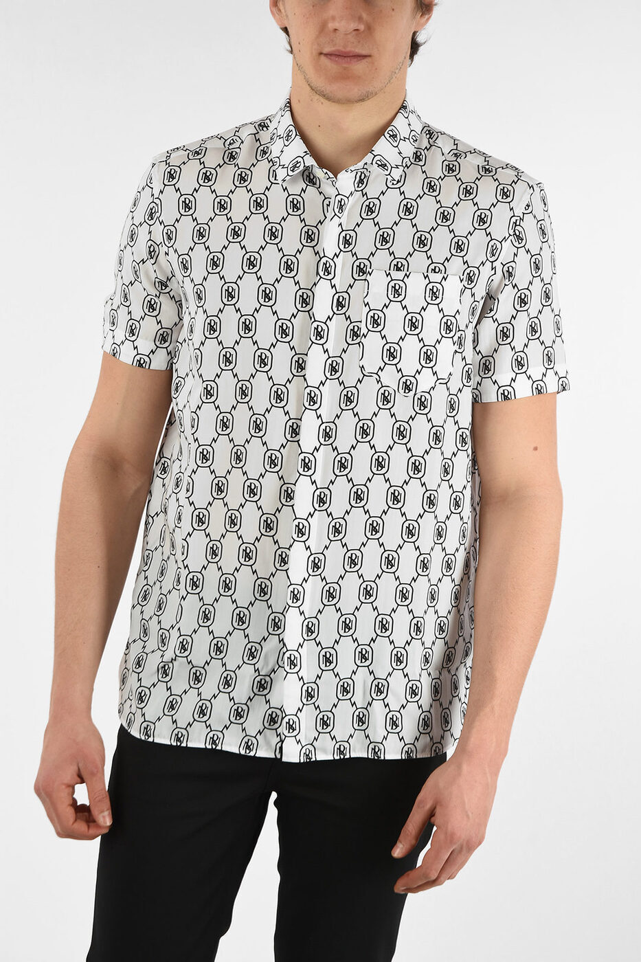 NEIL BARRETT ˡ Хå  PBCM1314 N036 526  SHORT SLEEVE ALL-OVER MONOGRAM SPREAD COLLAR SHIRT WITH BREA ڴǡ̵ۡڥåԥ̵ dk