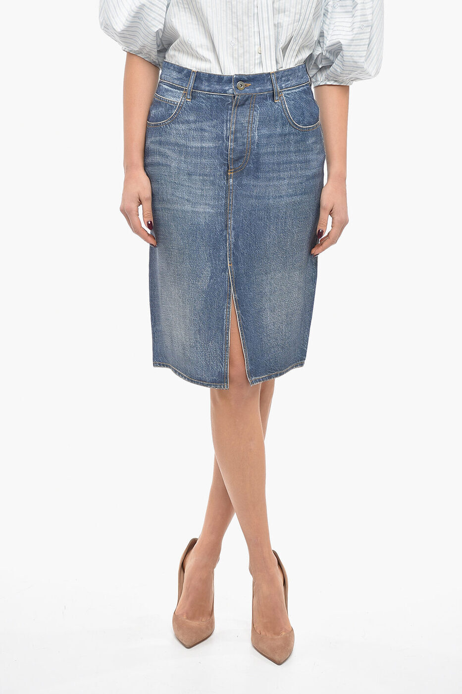 BOTTEGA VENETA ܥåƥ ͥ  737211V30K0 3399 ǥ CREPE DENIM EFFECT MNI SKIRT WITH FRONT SLIT ڴǡ̵ۡڥåԥ̵ dk