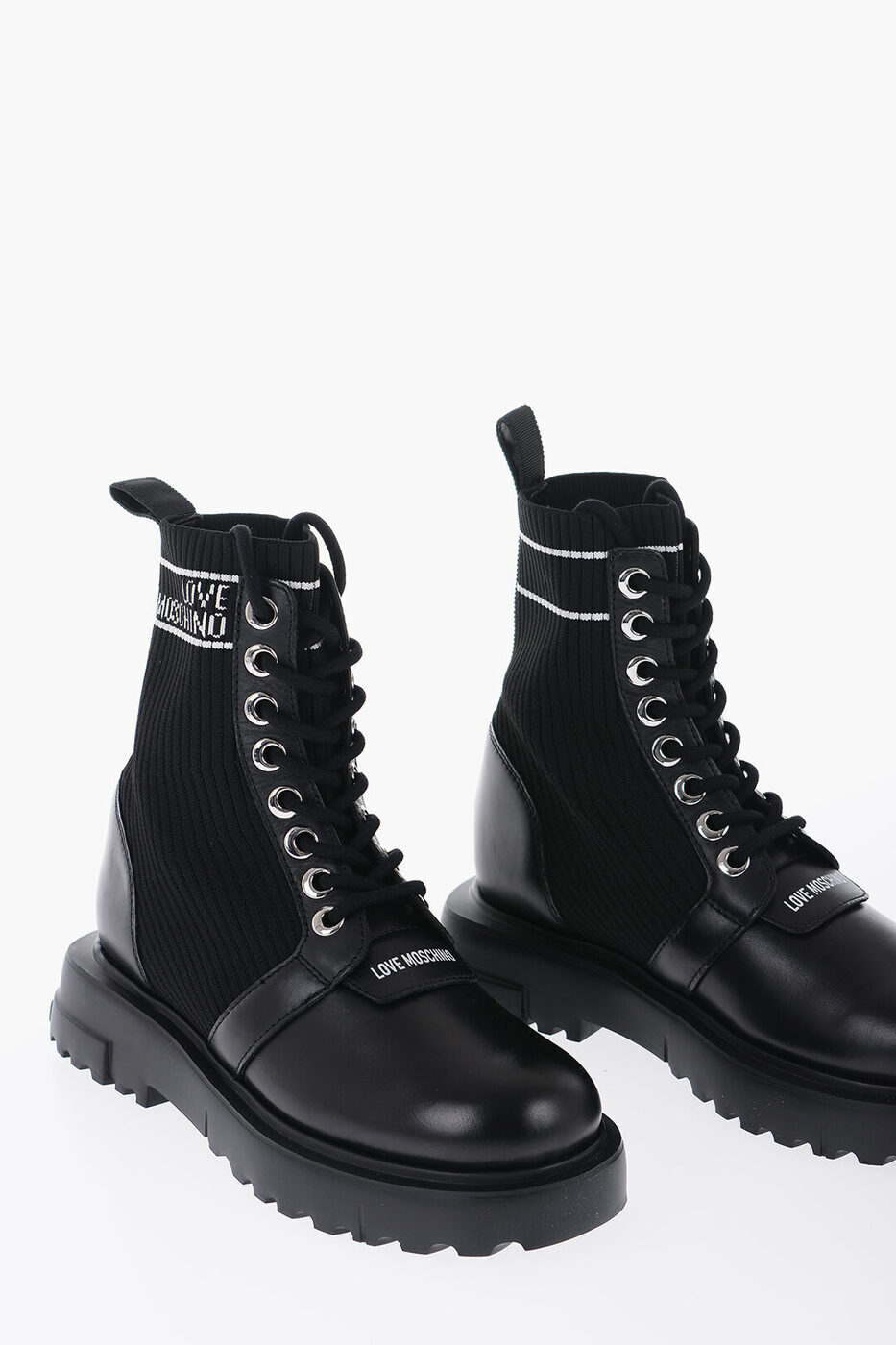 MOSCHINO モスキーノ ブーツ JA24324G0HIY600A レディース LOVE LEATHER AND FABRIC COMBAT BOOTS WITH..