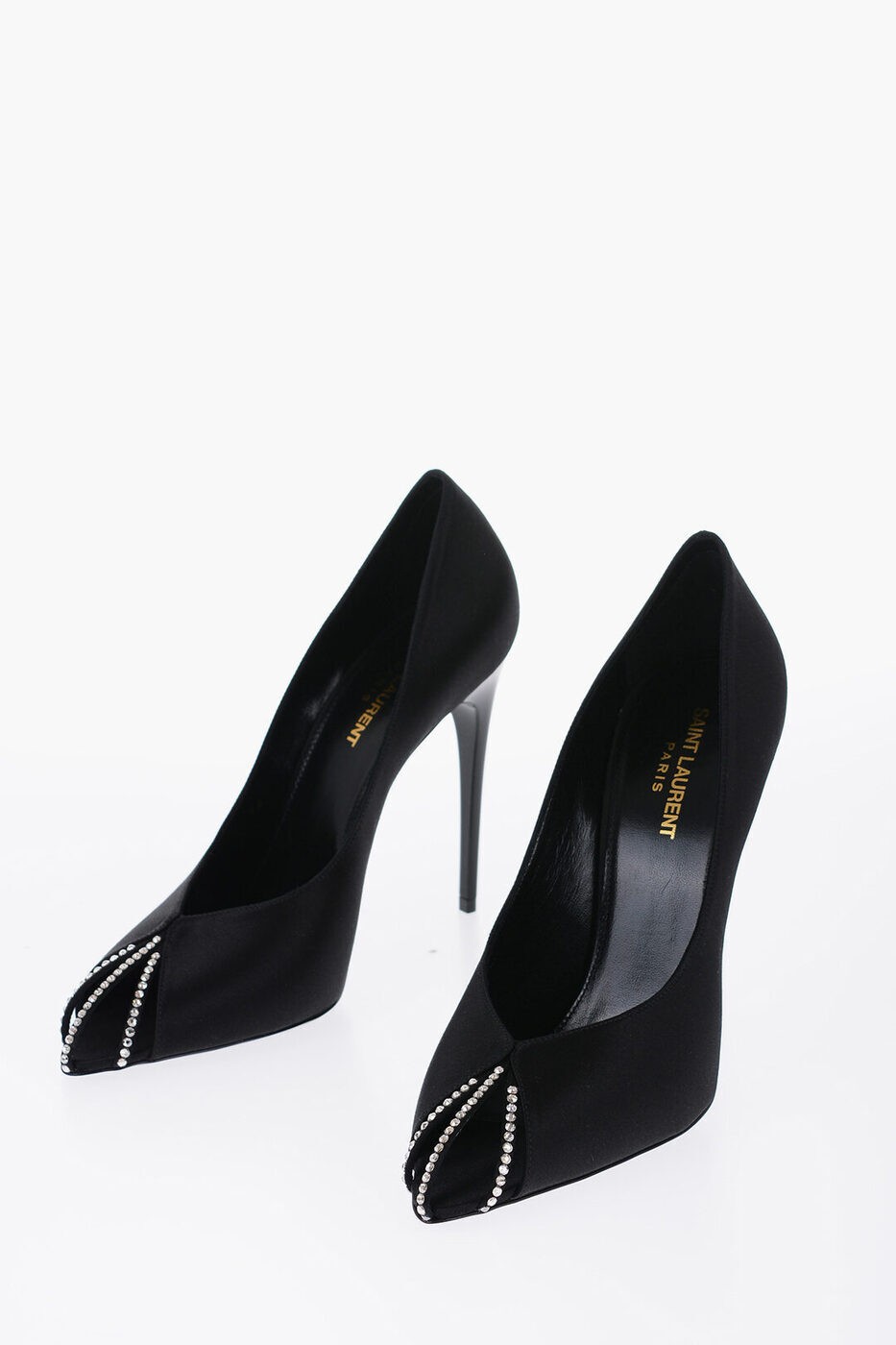 SAINT LAURENT PARIS イヴ サンローラン パンプス 742171 9QN0A 1066 レディース OPEN TOE SATIN PUMPS WITH RHINESTONES DETAILS HEEL 11 CM  dk