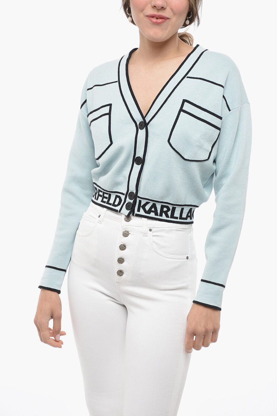 KARL LAGERFELD カール ラガーフェルド ニットウェア 231W2011363 レディース COTTON BLEND CROPPED CARDIGAN WITH DOUBLE BREAST POCKET AND 【関税・送料無料】【ラッピング無料】 dk