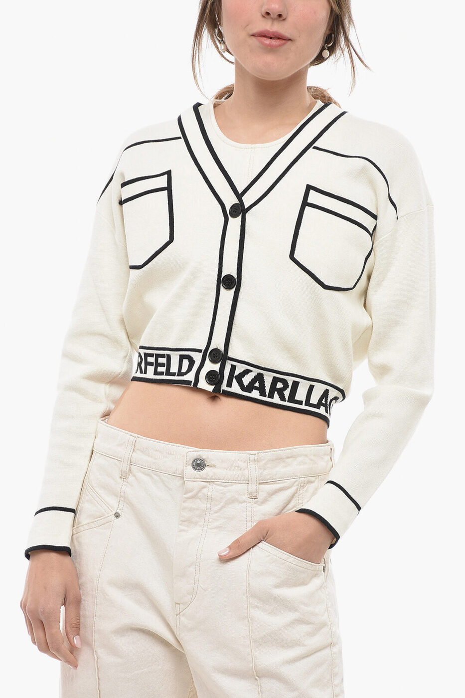 KARL LAGERFELD カール ラガーフェルド ニットウェア 231W2011101 レディース COTTON BLEND CROPPED CARDIGAN WITH DOUBLE BREAST POCKET AND 【関税・送料無料】【ラッピング無料】 dk