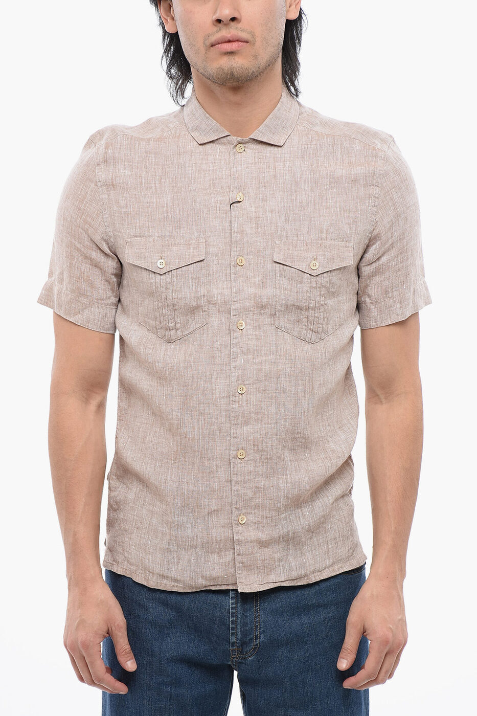 ͥꥢ CORNELIANI   Shirts SHORT-SLEEVED PURE LINEN SAHARAN SHI...