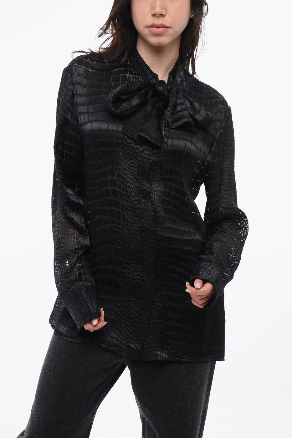륵 VERSACE  ǥ Shirts SEE THROUGH SILK BLEND TIE NECK SHIRT ...