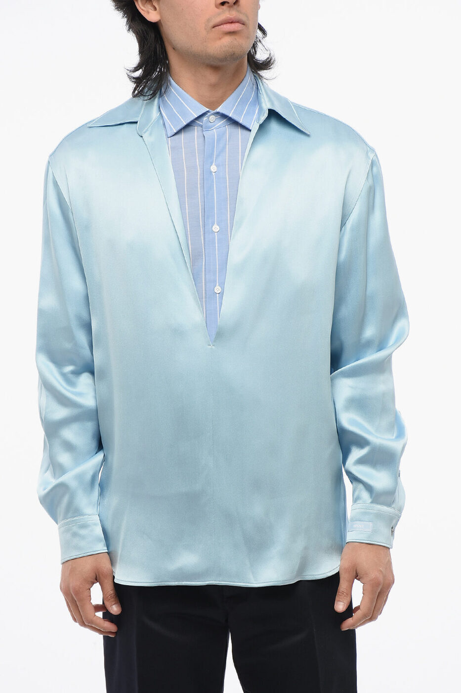 륵 VERSACE   Shirts DEEP NECKLINE SATIN BLOUSE 10145521A1068...