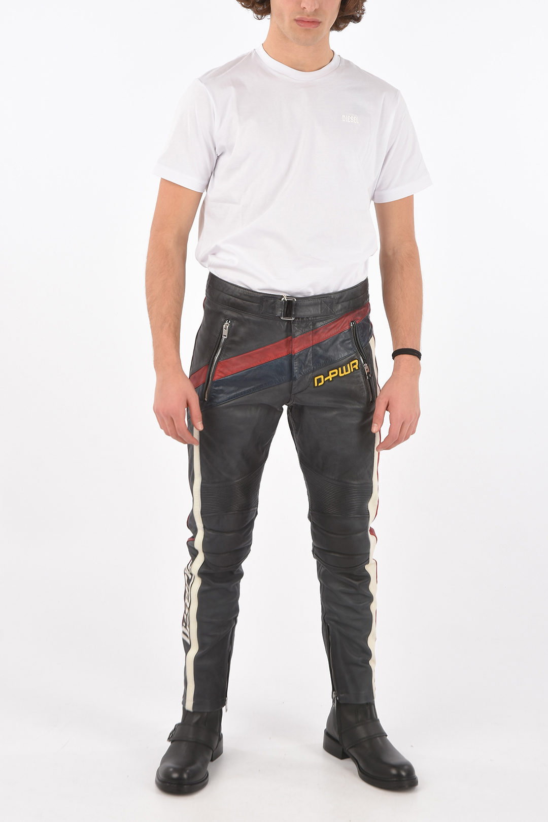 新品人気 DIESEL ディーゼル Gray パンツ P385589 メンズ LEATHER P-POWER BIKER PANTS WITH ANKLE ZIP dk:BRANDSHOP・クラージュ店 在庫好評