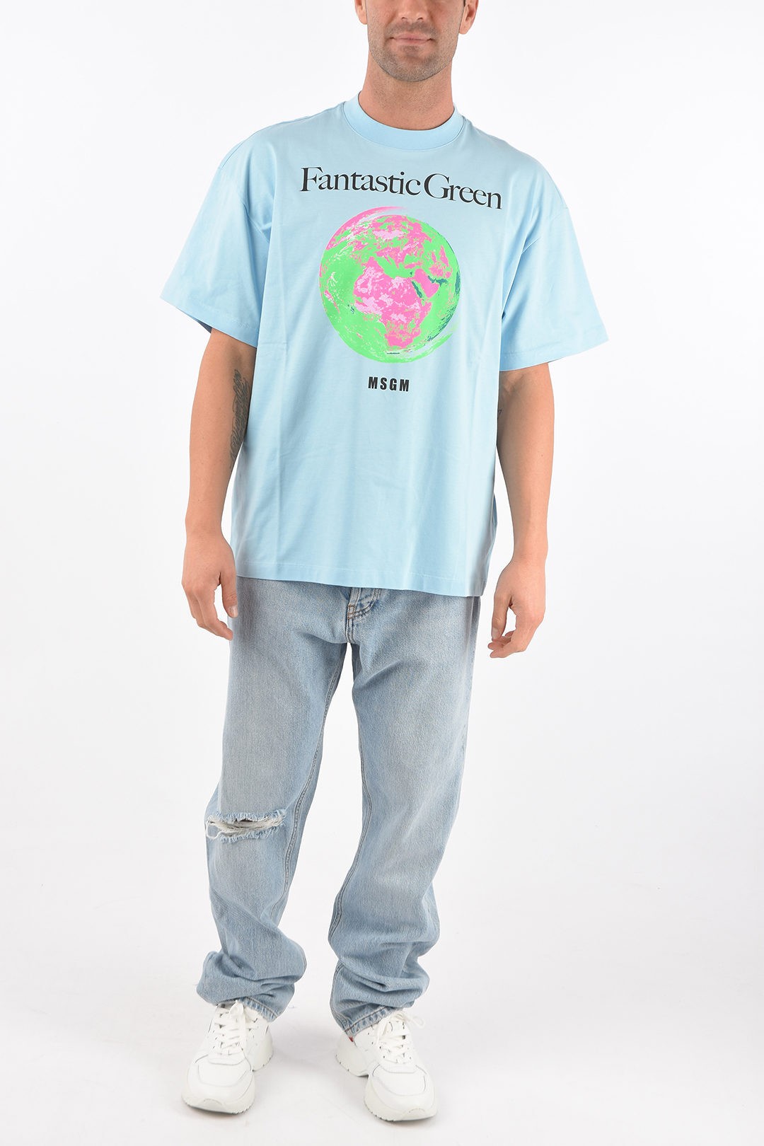 安い格安 MSGM エムエスジーエム Light blue トップス P384039 メンズ FANTASTIC GREEN CREW NECK PRINTED T-SHIRT dk:BRANDSHOP・クラージュ店 人気定番