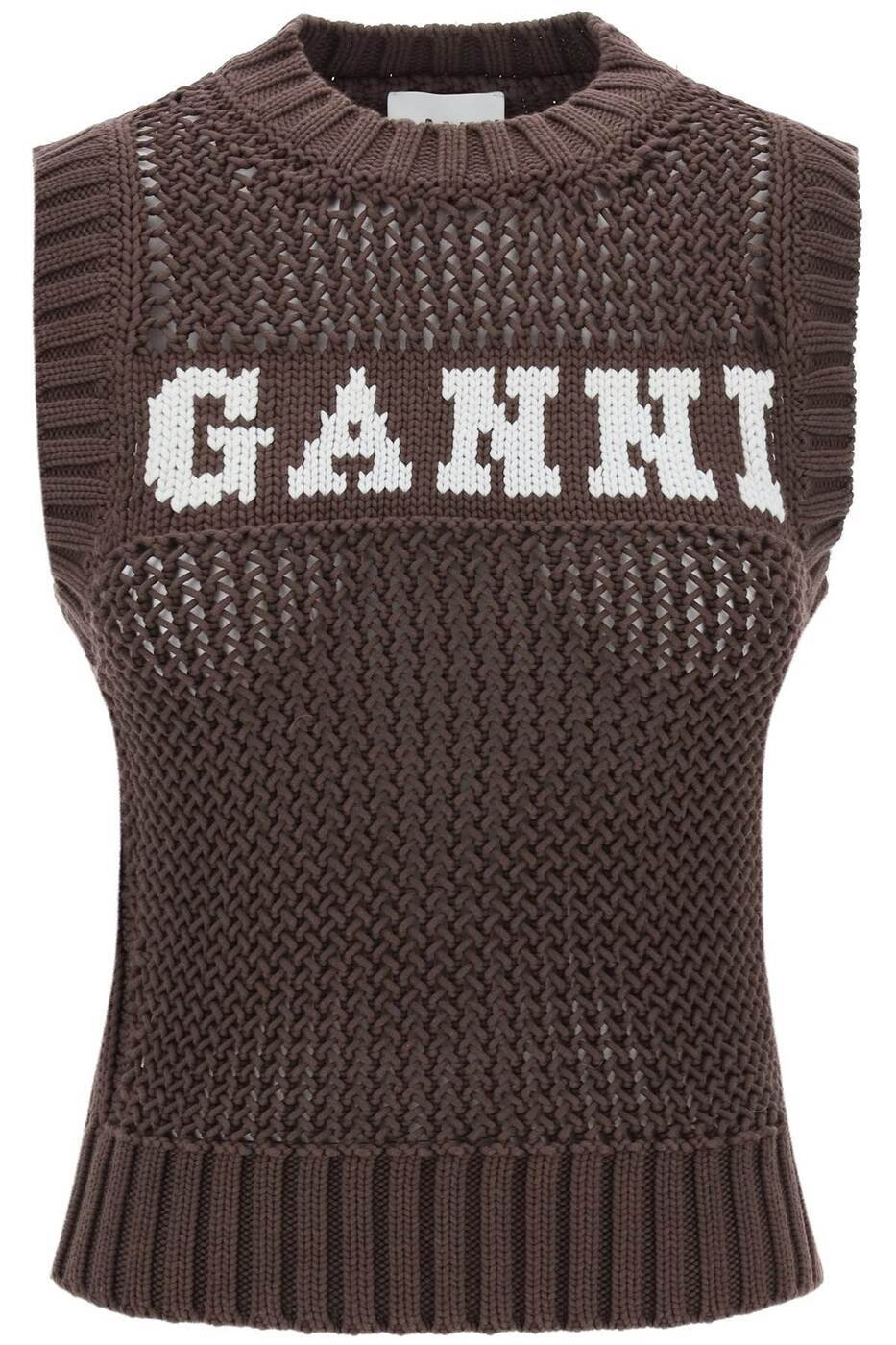 GANNI ガニー ブラウン Marrone Ganni gilet in maglia traforata con logo トレーナー レディース 春..