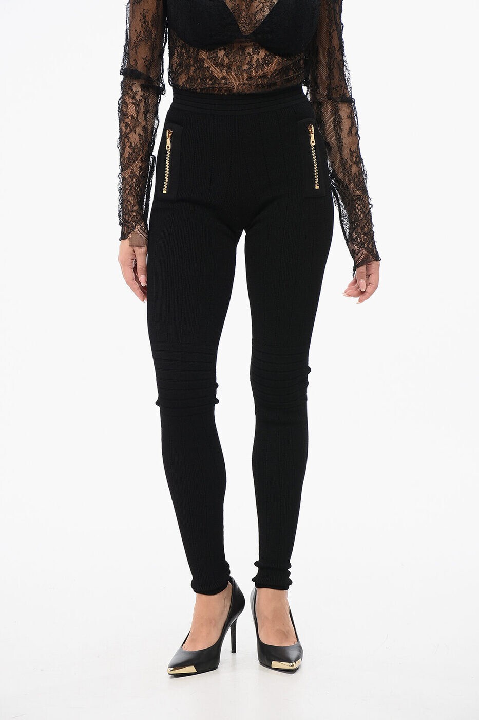 Хޥ BALMAIN 쥮 ǥ ֥å Leggings YF0PD004KC940PA  ̵ åԥ̵ 2025AW dk