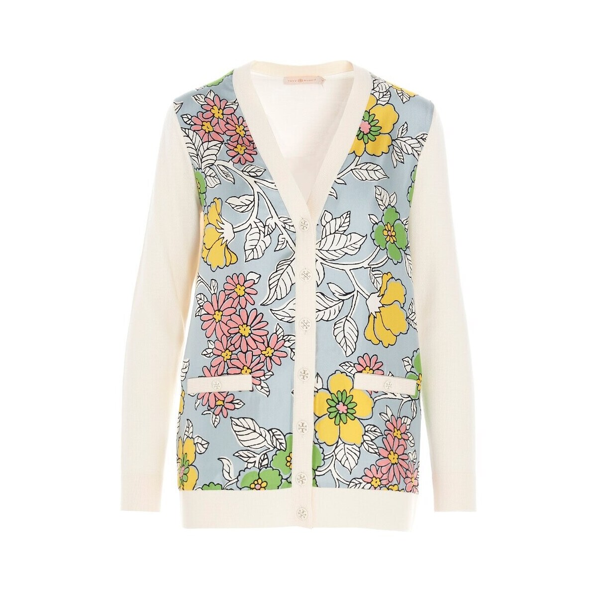TORYBURCHトリーバーチBeigeニットウェア79107-161レディースWOOLBOYFRIENDCARDIGANWITHFLORALPRINTEDSILKFRONTPANEL【関税・送料無料】【ラッピング無料】dk