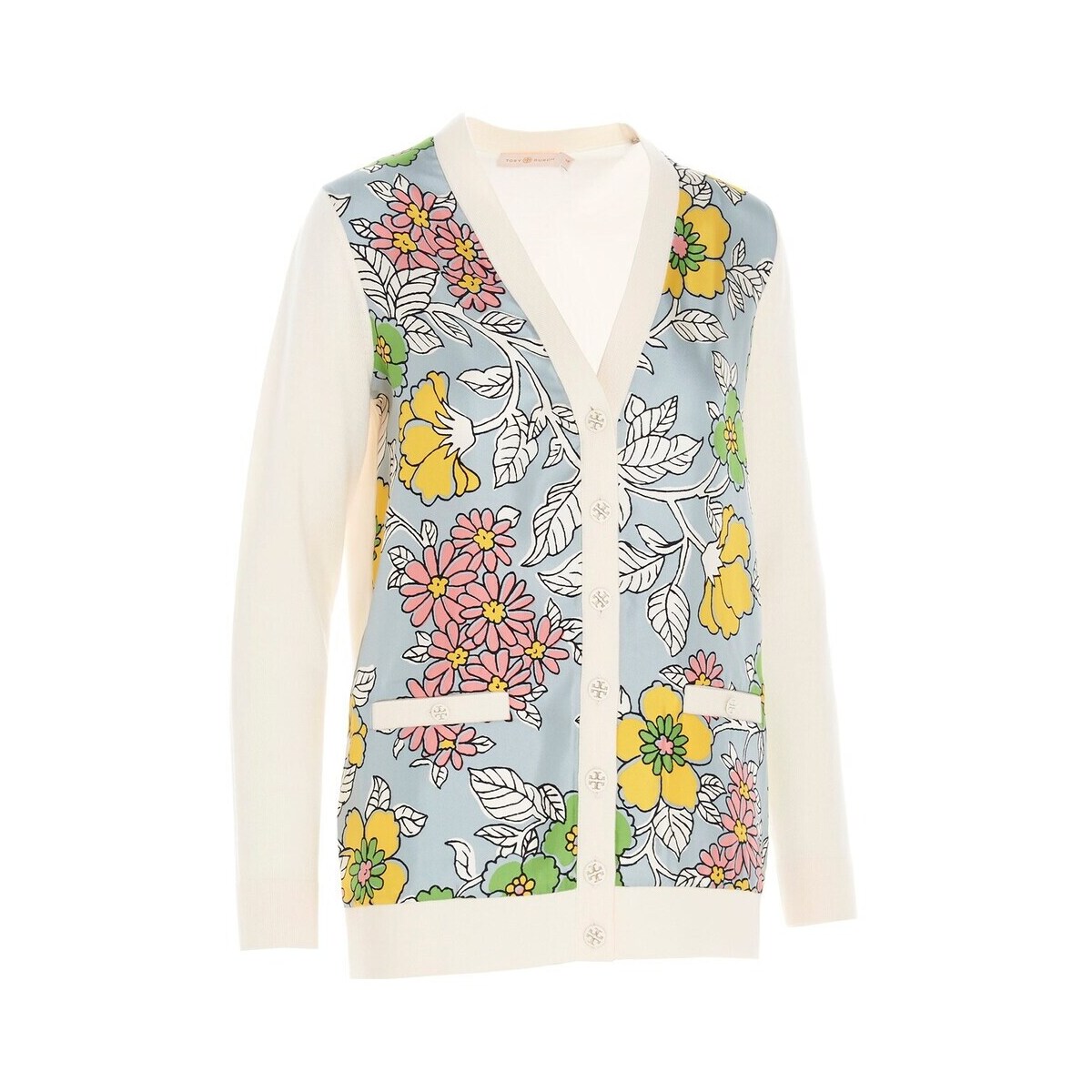 TORYBURCHトリーバーチBeigeニットウェア79107-161レディースWOOLBOYFRIENDCARDIGANWITHFLORALPRINTEDSILKFRONTPANEL【関税・送料無料】【ラッピング無料】dk