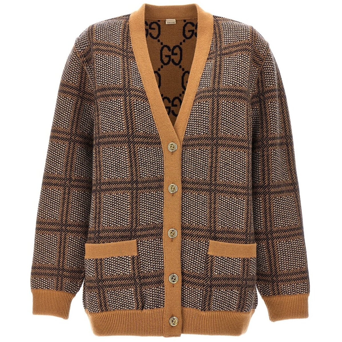 GUCCI グッチ ベージュ Beige Check and 'GG' reversible cardigan ニットウェア レディース 春夏2024 ..