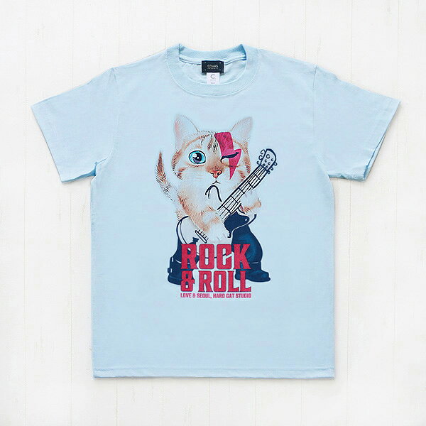 【SALE】【仕様変更のため特別セール】　COVAS GRAPHIC Tシャツ ロックスター ライトブルー 337314-21 ユニセックス 半袖 綿100% 猫 ロック プリントTシャツ デザインTシャツ グラフィックTシャツ メンズ レディース 男女兼用