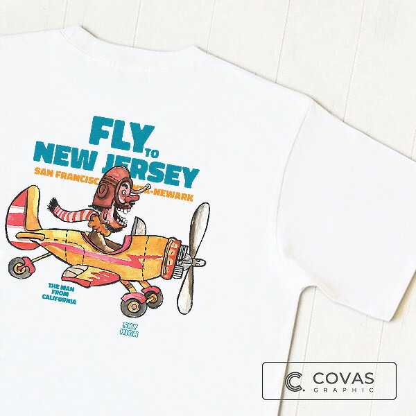 COVAS GRAPHIC Tシャツ "フライングUS" ホワイト 白 351518-10 ユニセックス 半袖 綿100% アメリカ 飛行機 プリントTシャツ デザインTシャツ グラフィックTシャツ メンズ レディース 男女兼用