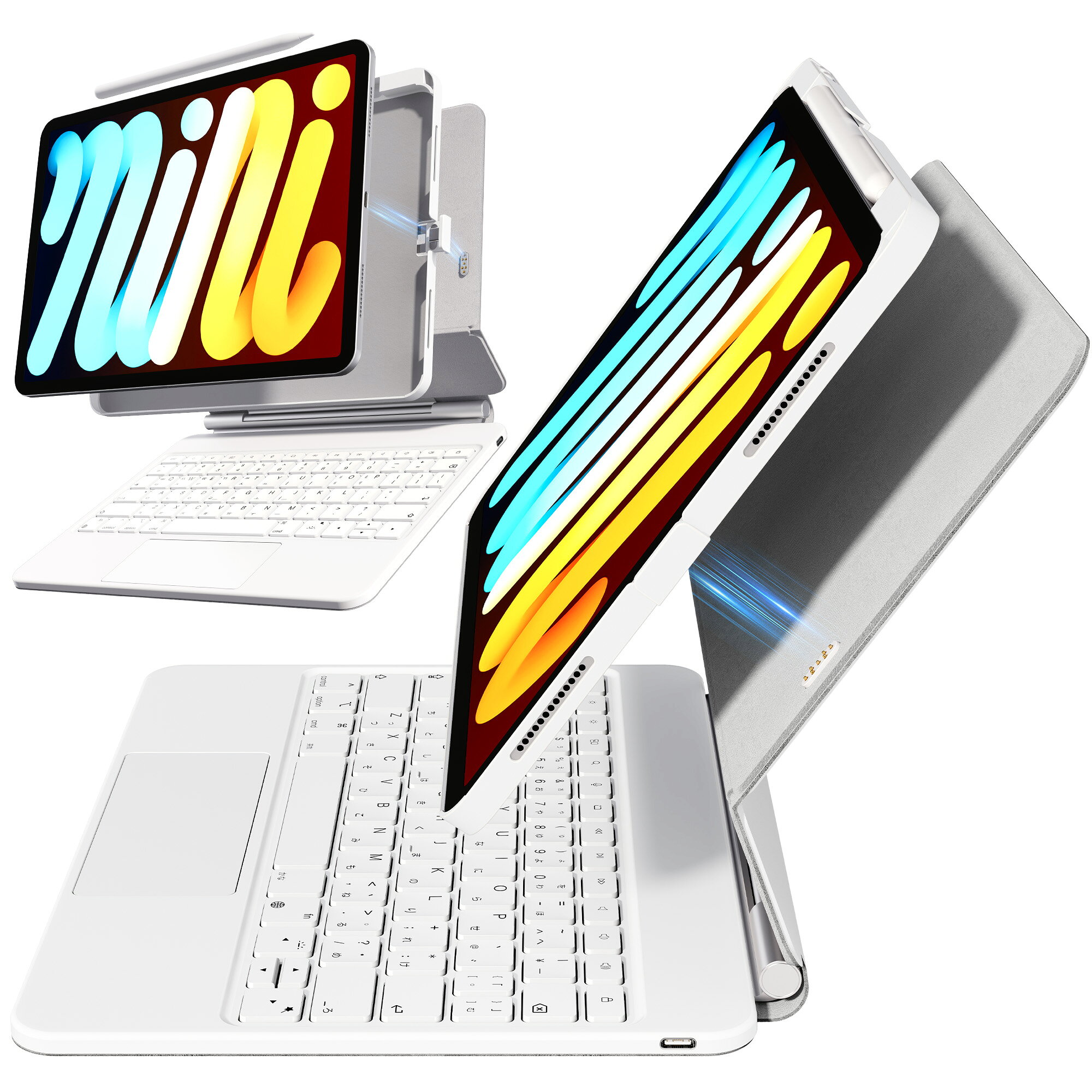  ipad キーボード 純正 マジックキーボード iPad キーボードケース タッチパッド付き Bluetooth不要 接点接続 7色バックライト 3段階調光 日本語配列 Type-C充電 マグネット吸着 角度調整 iPad Pro iPad Air 対応 プレゼント