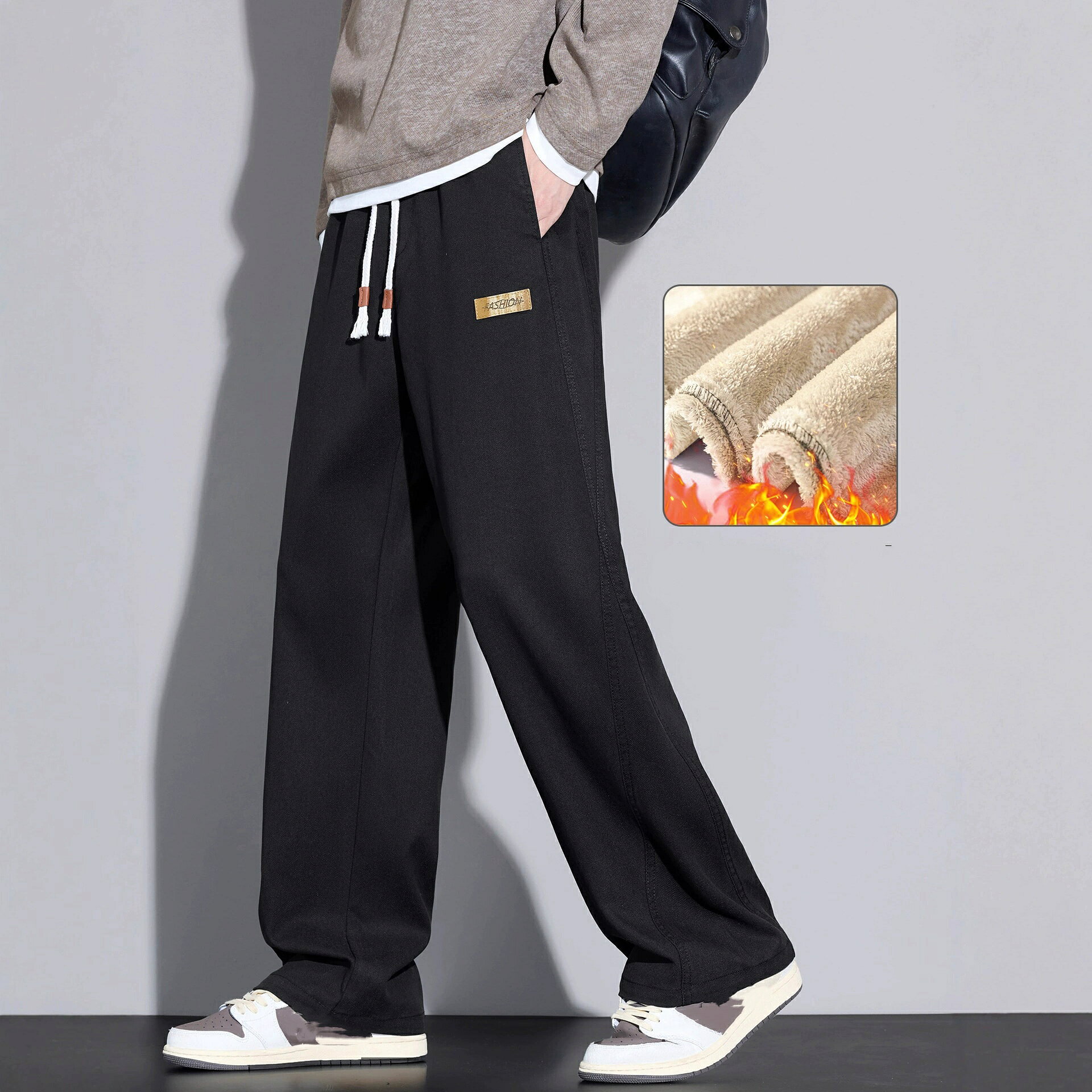乐天商城 - メンズ ワイドパンツ 裏起毛 秋冬 あったか ゆったり ストレートパンツ 防寒 ワイドシルエット 通常タイプ 裏起毛タイプ ウエストゴム 体型カバー 楽ちんパンツ 無地 カジュアルパンツ ブラック コーヒー グレー M-4XL リラックス メンズボトムス