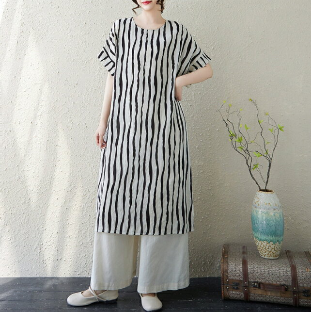 乐天商城 - ☆新品夏 上質 半袖 ワンピース 体型カバー ボーダー柄 Vネック 綿麻 マキシワンピース 大きいサイズ ロングワンピース 薄手
