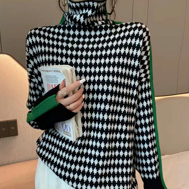 樂天商城 - レディース セーター ハイネック タートルネック 千鳥格子 ニット 長袖 秋冬 トップス おしゃれ 大人可愛い ゆったり 体型カバー 韓国風 カジュアル きれいめ 防寒 暖かい モノトーン チェック柄 配色ライン ブラック グリーン