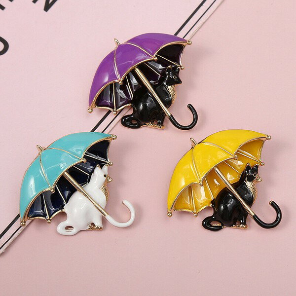樂天商城 - 猫と傘 ブローチ レディース アクセサリー かわいい ネコ モチーフ カラフル 傘 猫好き プレゼント ギフト ファッション小物 おしゃれ 可愛い アンブレラ ブローチ ピン 留め具 軽量 普段使い 通勤 通学 誕生日 母の日 贈り物
