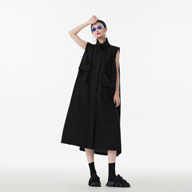 Rakuten - ノースリーブ ロングワンピース レディース ジレ ベスト ミリタリー風 ワイドシルエット 体型カバー ロング丈 カジュアル 春 夏 秋 ブラック カーキ ポケット付き モード系 おしゃれ きれいめ 大人可愛い