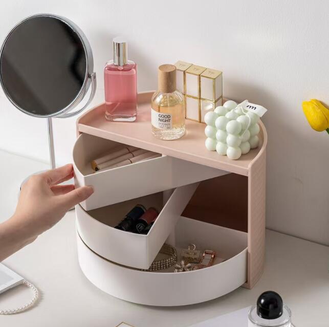 化粧品収納ケース 3段引き出し 回転式 コスメボックス アクセサリー収納 デスク収納 小物入れ HIPS素材 おしゃれ メイク収納 卓上収納ケース コスメ収納ボックス 省スペース 大容量 小物整理 27×19.5×15.5cm