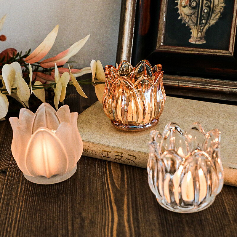 Baccarat - 【3色展開】蓮の花 ガラスキャンドルホルダー クリア アンバー フロスト ガラス製 ティーライト用 キャンドルスタンド インテリア雑貨 おしゃれ 北欧風 かわいい 癒し 雑貨 ギフト プレゼント 透明感 ナチュラル グラス キャンドルランタン アロマライト風